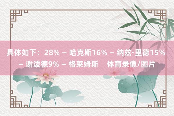 具体如下：28% — 哈克斯16% — 纳兹·里德15% — 谢泼德9% — 格莱姆斯    体育录像/图片